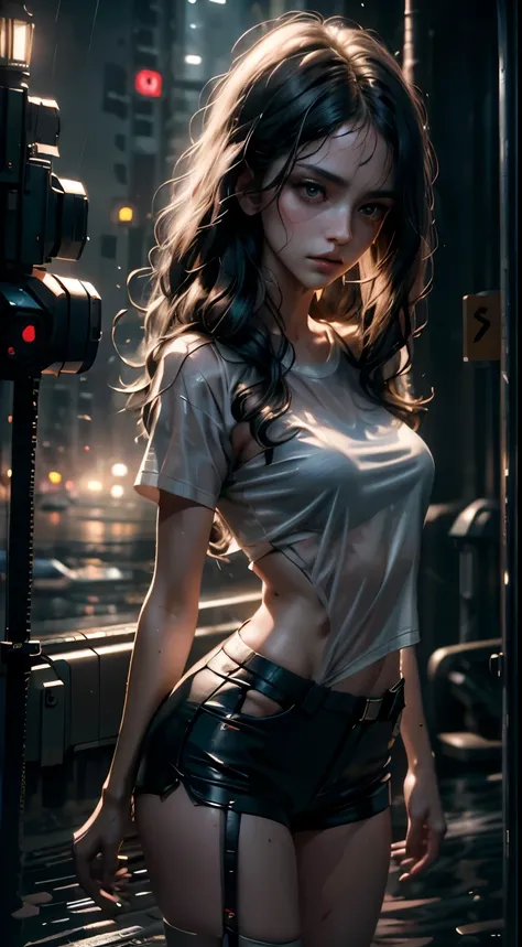 Beautiful woman with wavy hair, delicate and charming eyes, thigh notch, sexy long legs, t-shirt in small shorts, beautiful futuristic cyberpunk + city, mist, damp, rain, best quality masterpiece, realistic, detailed, 8k, HDR, shallow depth of field, wide ...