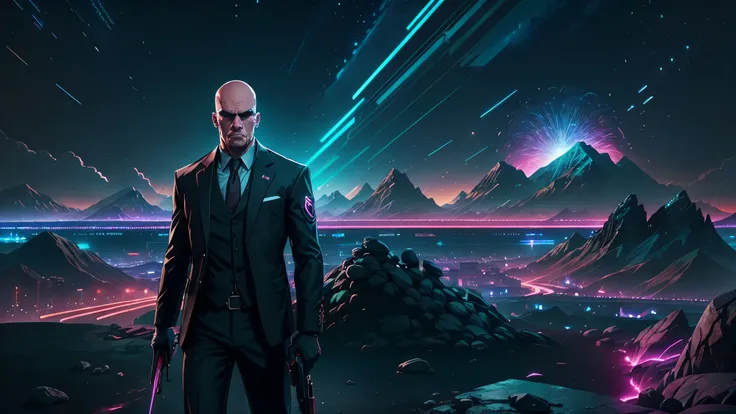 Create a unique YouTube cover image featuring a hitman, encircled by neon lights illuminating his entire body, in the style of Cyberpunk and GTA 6, standing in front of a landscape of an active war zone. Distant explosions rock the scene, with a view of sn...