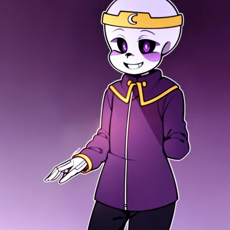 nightmare!sans, skeleton, dark purple jacket, black pants, dark purple boots, lavender pupils, smiling, golden moon crown, goldev belt has NM sign, standing still, solo, eye holes, dark eyes, cartoon, cartoon eyes, simple background