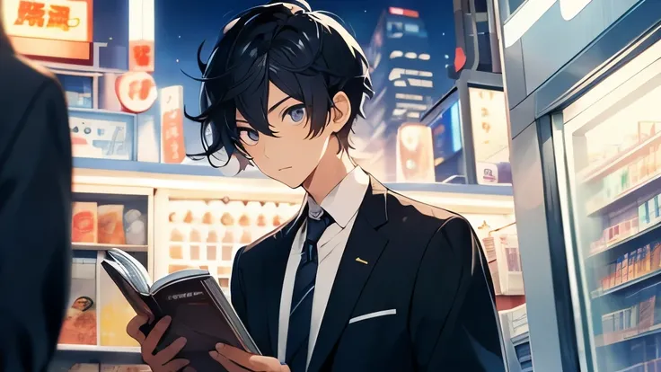 24-year-old office worker、Hair is black、He is tall、eyes are big、Eyes are black、suit figure、Refreshing、Handsome guy、night、convenience store、Reading comics