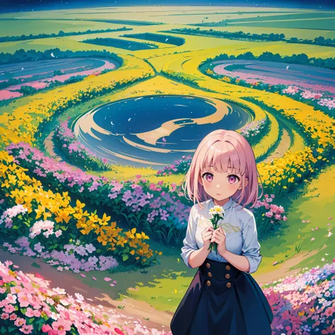 there is a girl standing in a flower field looking up at the sky, a girl standing in a flower field, a girl walking in a flower ...