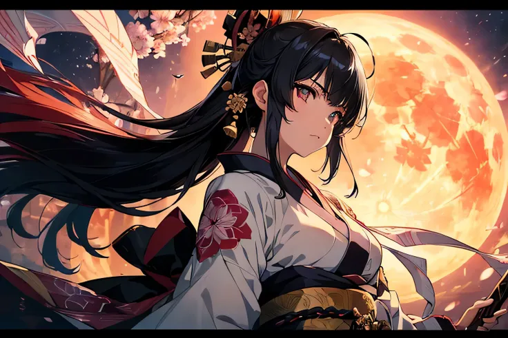 big moon、Big sword、highly detailed eyes、Sakura wars、fight、 samurai girl,  character focus ,(cinematic angle), from below, From the side ,kimono, colorful kimono ,black hair,serious face ,(((Looking ahead))),High resolution,(incredibly absurd),anime visual,...