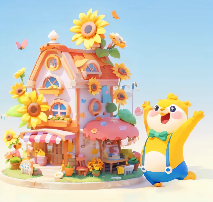 There is a small house，There is a bird and a flower pot inside, Round house and cute characters, Lovely 3D rendering, 8k cartoon illustration, 3D rendering stylization, Sunshine and whimsical house