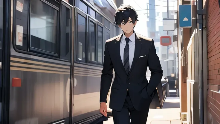 24-year-old office worker、Hair is black、He is tall、eyes are big、Eyes are black、suit figure、Refreshing、Handsome guy、morning、walking、outside