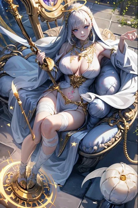 (best quality,16k,highres:1.2),realistic,detailed eyes and face,silver hair,goddess-like figure,demonic smile,golden aura,noble,flowing cape,necklace,shawl made of sable,walking cane,shy,halo,sexy body,exposed cleavage,divine light,cinematic lighting,power...