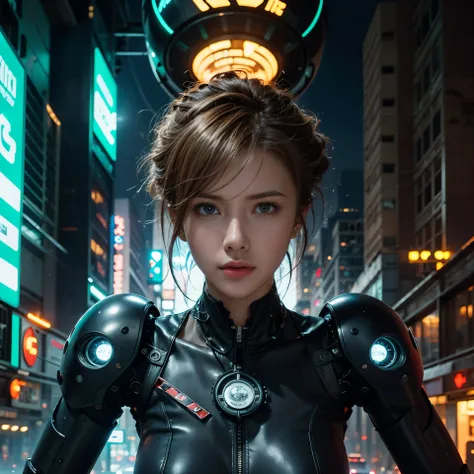 sparkling lights, futuristic cityscape, metal gears, advanced technology, intricate circuitry, towering skyscrapers, glowing neon signs, cyberpunk aesthetic, vibrant colors, dynamic pose, detailed facial features, piercing gaze, mechanical limbs, robotic c...