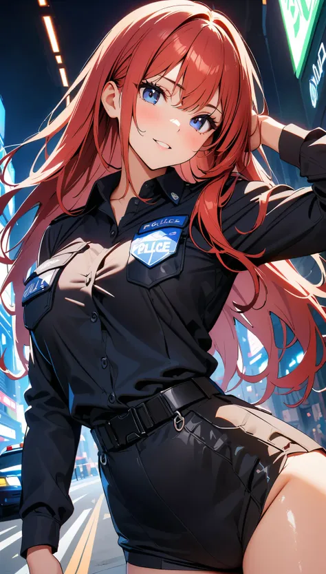 (high quality, 8k, 4k, high contrast, masterpiece:1.2, best quality, best aesthetics), (dynamic angle), Sexy female police officer, Detailed face and body, Beautiful breasts, confident look, (Red hair, long hair), Shiny black uniform, Tactical belt with eq...