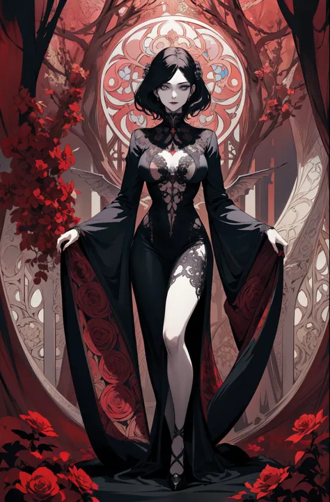 basic art nouveau style, a vampire woman tarot card with, woman, perfect face, young, (((oval face))), dark clothes, soft and me...