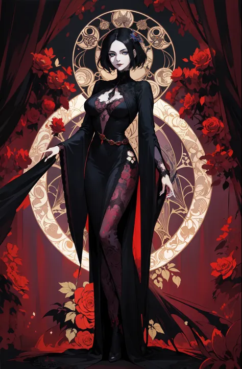 basic art nouveau style, a vampire woman tarot card with, woman, perfect face, young, (((oval face))), dark clothes, soft and me...