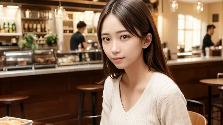 masterpiece, best quality, 8k, disorganized person, (Upper body:1.4), stylish cafe,tight knit, beautiful girl, pretty face, looking at the viewer, smile, super realistic, high resolution, picture, sharp focus, HDR, face light, dynamic lighting, movie light...