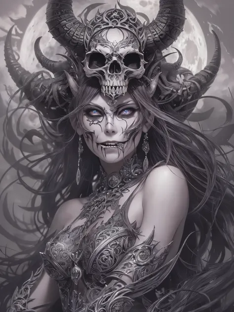 ((highest quality)),(ultra high resolution),(Super detailed),(detailed description),((best CG)),(best work of art),super precision art,amazing drawing art,(Fantasy art with intricate detail:1.5), (Skull Moon:1.3), (A female demon with a mysterious presence...