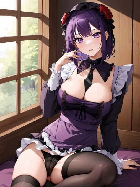 masterpiece, best quality, highres, kitagawa marin, 1girl, purple hair, medium hair, purple eyes, bonnet, red rose, collar, gothic, frills, black dress, black necktie, cleavage, long sleeves, white apron, thighhighs, sitting, spread legs, panty shot, train...