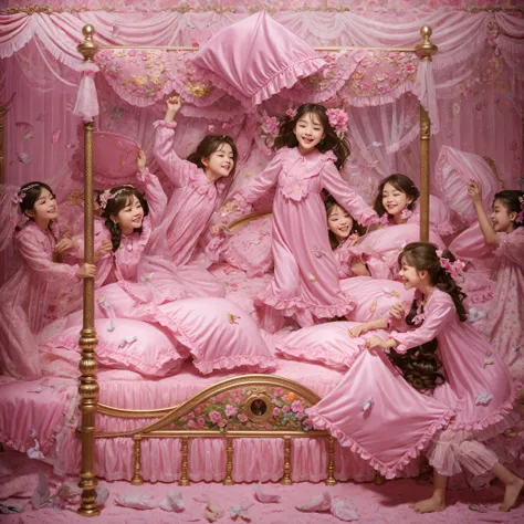 Happy girls fighting with pillows at pajama party。Many small feathers fluttering、Long-sleeved, long-skirted nightgown with frills and ribbons、On a huge, wide canopy bed、Soft pink bedsheets and comforter、Colorful soft pillows、Lots of frilly pillows and a fr...