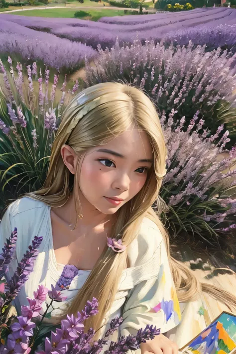 (oil painting:1.5), \\ asian woman with long blonde hair and lavenders flowers in her hair is laying down in a field of purple f...