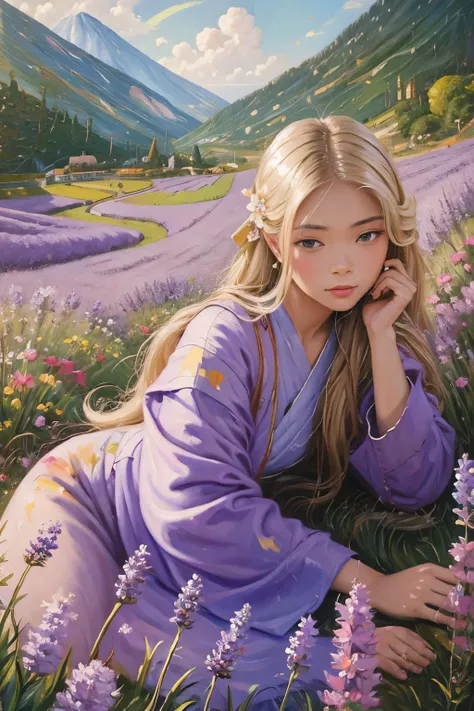 (oil painting:1.5), \\ asian woman with long blonde hair and lavenders flowers in her hair is laying down in a field of purple f...