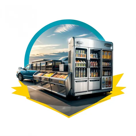 (Masterpiece, best quality:1.15), ribbon logo,car,boulevard,circle, Color tones: yellow, red, blue, white , Close-up of a Roll Bar back truck in the background.,(car white color) cold drinks, commercial, water cooled, Storage location in the refrigerator, ...