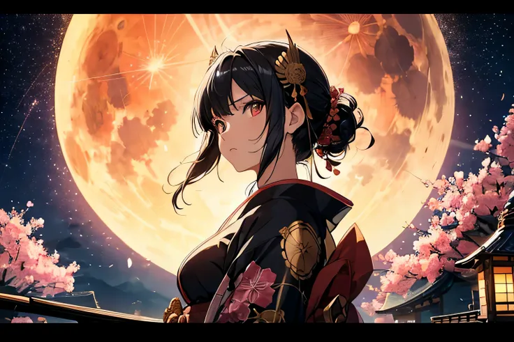 Big round moon、Big sword、highly detailed eyes、Sakura wars、fight、 samurai girl,  character focus ,(cinematic angle), from below, From the side ,kimono, colorful kimono ,black hair,serious face ,(((Looking ahead))),High resolution,(incredibly absurd),anime v...