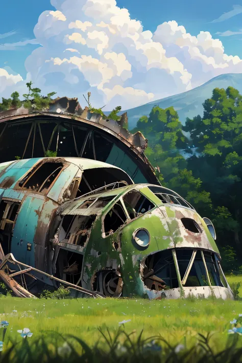 A stunning masterpiece unfolded before my eyes as I gazed upon the wreckage of a century-old airplane, partially buried in the lush green grass of an ancient forest. The dilapidated fuselage stood as a somber reminder of its former glory, now weathered and...