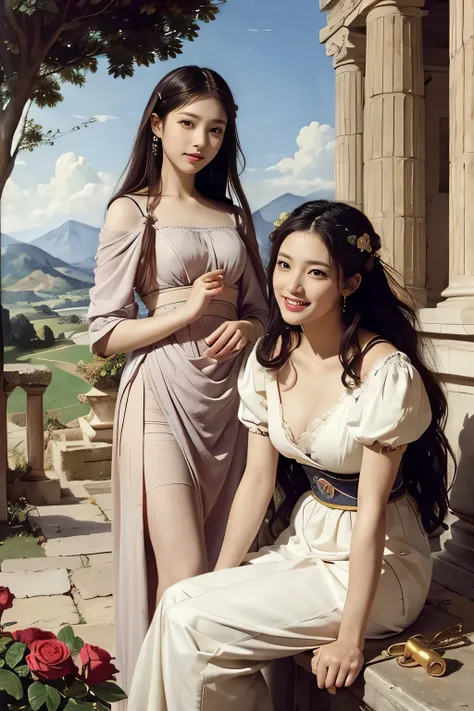 full body portrait or statue、Giorgione painting style,Arguments of two female Philosophe,math、astronomical machine、astronaut、roses in vase、fruits、Cute trinkets、smile、ancient greek costume、Ancient Roman landscape in the style of Nicolas Poussin,laughter,,Sw...