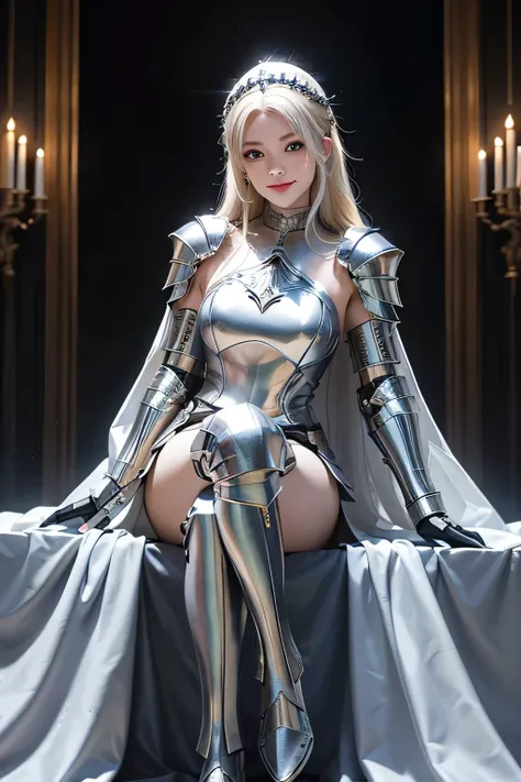 ８Ｋ、highest quality、female knight、The background is a castle、Luxurious Silver Armor、hairstyle shortcut、smile、beautiful teeth、full body photo、ear piercing、blonde、white woman、blue eyes、heavy makeup、Knight&#39;s helmet covering the head

