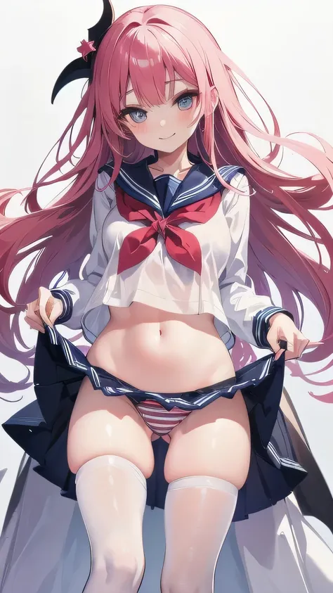 super detailed face, Draw the most beautiful eyes, Eyes are the most important, lift up the skirt, show panties, Pants with horizontal stripes, summer clothes, navel exposed sailor suit, wet clothes, knee socks, blush, Confident laughter, Little devilish s...