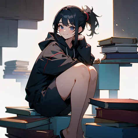 woman、black hair、ponytail、hoodie、Sitting on a stack of books、smile、rest one&#39;s chin on one&#39;s chin、white background