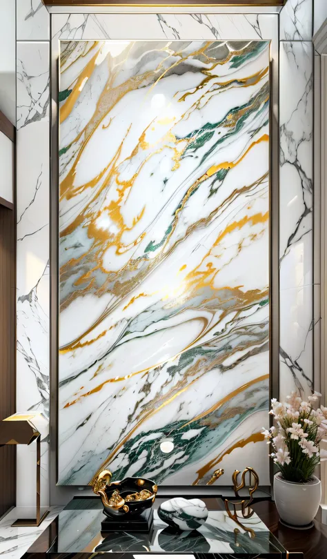 There is a marble wall in the living room，There is also a coffee table, marble wall, white karaka gold marble, Engraved marble textured silk cloth, white marble wall, 在一面大marble wall上, translucent stone white skin, white marble with gold accents, Heavenly ...