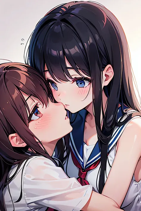 super detailed face, Two girls kissing, Lover&#39;s hot kiss, blush, Two people hugging each other, high school girl 