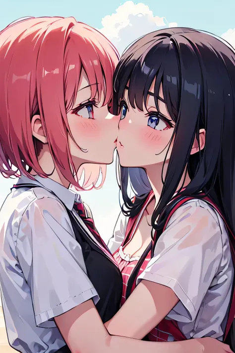 super detailed face, Two girls kissing, Lover&#39;s hot kiss, blush, Two people hugging each other, high school girl, summer clothes, Two people flirting, lesbian