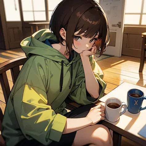 woman、brown hair、short hair、hoodie、sit、thinking、math、Mug、Book