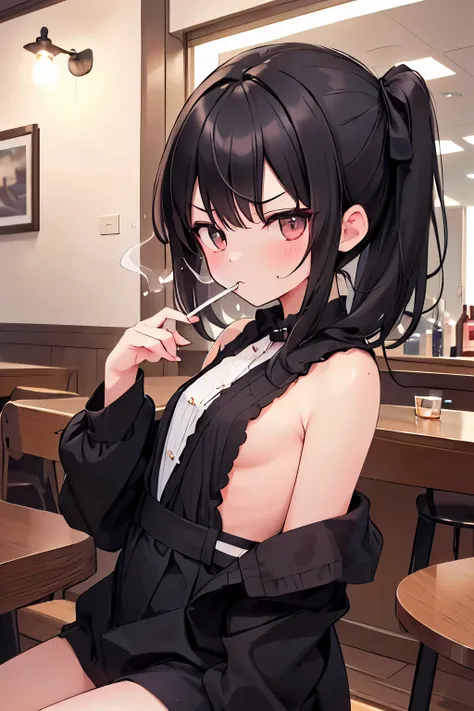 ((The highest masterpiece, the highest quality,, Super detailed, girl、NSFW)),（drink alcohol）、10 years old、, Small and cute:1.5, black hair、hairpin、medium hair、Black 、embarrassing、blush、cinematic angle、bar、anger、angry look、,smoking cigarette