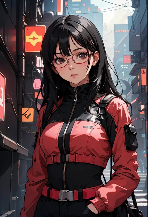 (safe:1.10), best quality, masterpiece, highres, solo, (long black hair, sqaure glasses, hairpin),  looking at viewer, anime_sty...