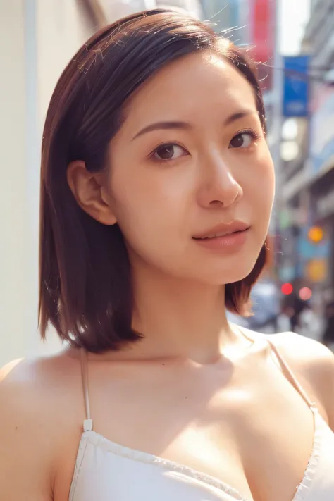 NSFW:1.5,((highest quality、8K resolution、master masterpiece、portrait:1.3)), Photoreal, 35mm film, 1 Japanese female, Upper body、on the street during the day, wrinkles around the eyes、plump body、long hair_hair slicked back、smile,((white bra_panties:1.3)) , ...