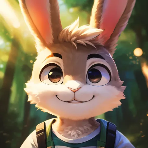 Humanity, Kanno, male, alone, ((round face,)), ((endomorph body type, Juvenile)), (Adventure Clothing), ((domestic rabbit, rabbit) fluffy furry, fluffy), (,forest), Bokeh, (high quality, high resolution, masterpiece), (dynamic lighting, Bright colors), (Sm...