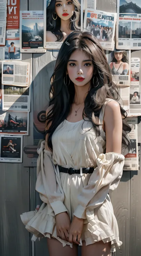 masterpiece,best quality,Super detailed,Extremely detailed CG unified 8k wallpaper,1 girl,white dress,flower,balloon,newspaper,across the sea,bitter,newspaper background,