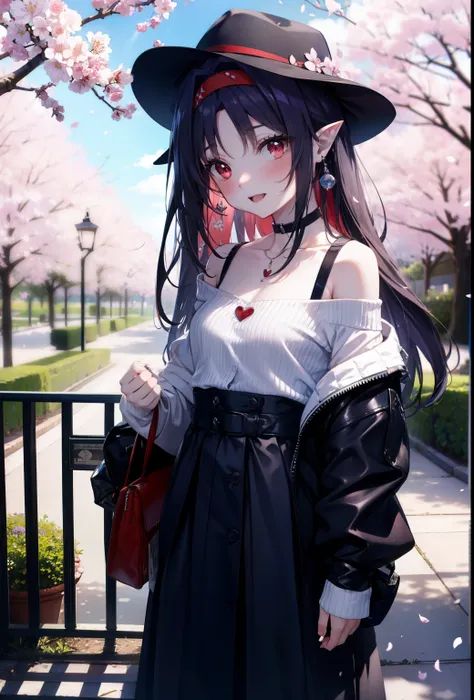 yuukikonno, yuuki konno, hairband, long hair, pointy ears, purple hair, (red eyes:1.5), (small breasts:1.2),blush, happy smile, smile, open your mouth,Hunting Hat,White off-shoulder sweater,bare shoulders,naked neck,bare clavicle,Heart shaped pendant,Purpl...