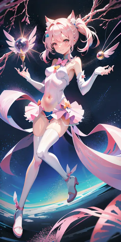 Anime star Magic Girl, sparkling Magic Girl, portrait of the Magic Girl, Beautiful celestial mage, Pale pink cherry blossoms，anime goddess, Bow decoration，Magic Girl, （Snow-white hair），（Two cat ears）, (colorful), whimsical, charming, small breasts，open nav...