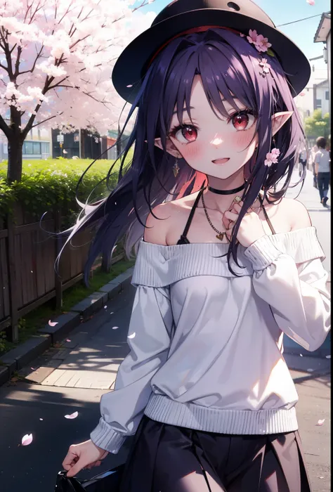 yuukikonno, yuuki konno, long hair, pointy ears, purple hair, (red eyes:1.5), (small breasts:1.2),blush, happy smile, smile, open your mouth,hat,White off-shoulder sweater,bare shoulders,naked neck,bare clavicle,Heart shaped pendant,Purple long skirt,white...