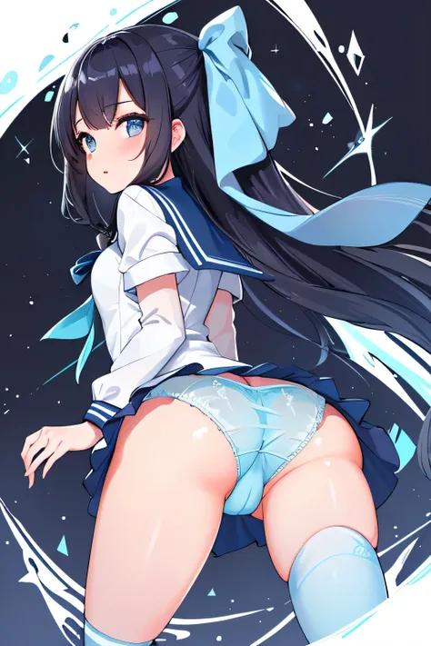 (highest quality:1.4)、High resolution、detailed background)、anatomically correct、attractive ass、 A close-up from a low angle highlighting the buttocks、Super close-up shot from directly below、Beautiful girl looking back、Sexy sheer high leg panties、Ultra-deta...