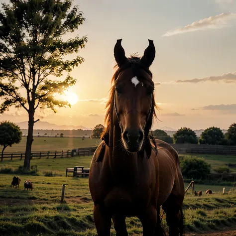 horse with sun set and nature 