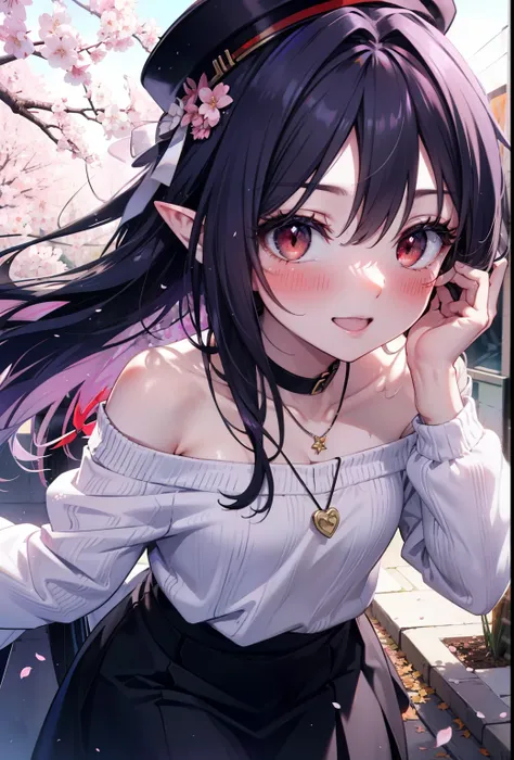 yuukikonno, yuuki konno, long hair, pointy ears, purple hair, (red eyes:1.5), (small breasts:1.2),blush, happy smile, smile, Open-mouth hunting hat,White off-shoulder sweater,bare shoulders,naked neck,bare clavicle,Heart shaped pendant,Purple long skirt,wh...