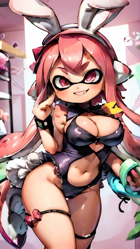 Splatoon Girl 、super big breasts、fua、Neon pink tentacle hair、cleavage、Pose that emphasizes the chest、Sexy dynamic pose、wide open smile、bunny girl costume、