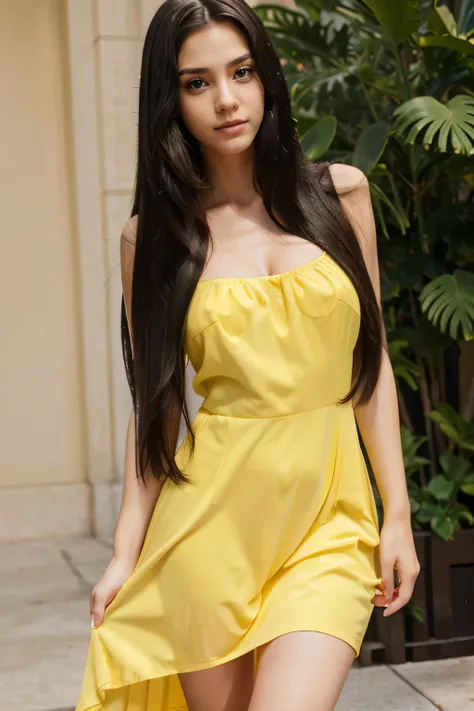 long straight hair, black hair, 1girl, emerald eyes, pink lips, yellow dress,