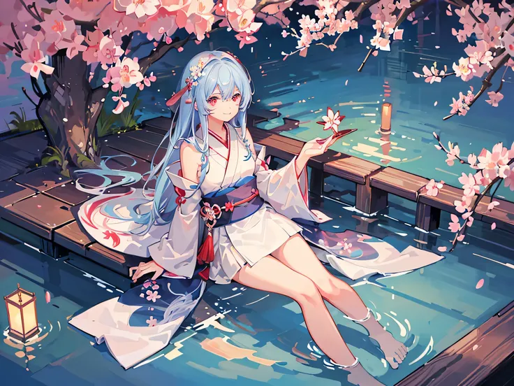 (best quality, masterpiece) 1girl, skinny, light blue hair, long hair, red eyes, glowing eyes, detailed eyes, smile, Kimono, white Kimono, sitting, sakura forest, sakura, cherry blossom tree, hotspring in background, warm color pallet, 