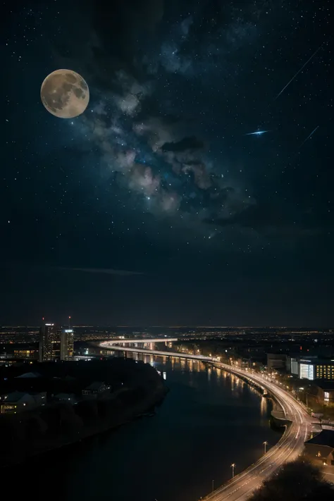 A highly condensed beauty dressed in a painting of stars and moons in the river and sky, concept art inspired by Tosa Mitsuoki, pixiv competition winner, best quality, fantasy art, beautiful anime scenes, a round of bright moon, starry sky environment in t...