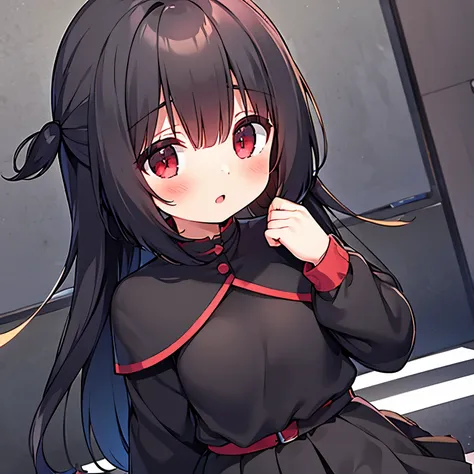 a girl with black hair and red eyes wearing a black skirt