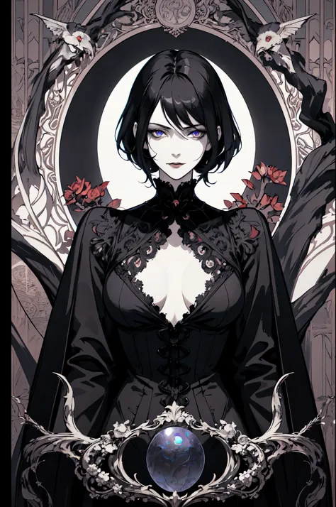 basic art nouveau style，black hair blue eyes vampire woman，short hair，（upper body portrait），young，(((oval face)))，dark clothes，s...