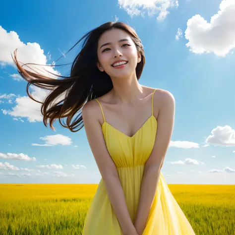 (highest quality、masterpiece、8K、Highest image quality、hyper realism、Award-winning work)、1 woman、(vast grassland:1.1)、(Endless grassland as far as the eye can see:1.1)、(Clear, beautiful sky:1.1)、(Vast big sky:1.1)、(beautiful clouds:1.1)、(Depicting the sky a...