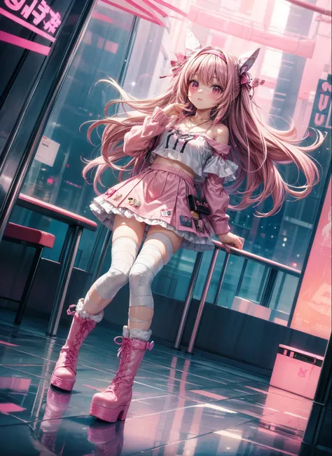 (masterpiece:1.2), (best quality:1.4), cute quality, cowboy shot, reflection, nice environment, full body, yami kawaii, (cute pink boots), platform footwear, anime background, (cute pink boots), decora, cute fashion, sleeves past fingers, sleeves past wris...