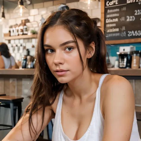 An ultrarealistic headshot of a 23 year old American girl, flowing dark hair in ponytail style and blue eyes sexy expression, wearing ripped jean shorts white tank top black Converse shoes in a coffee shop, The background should be a coffee shop, Capture t...